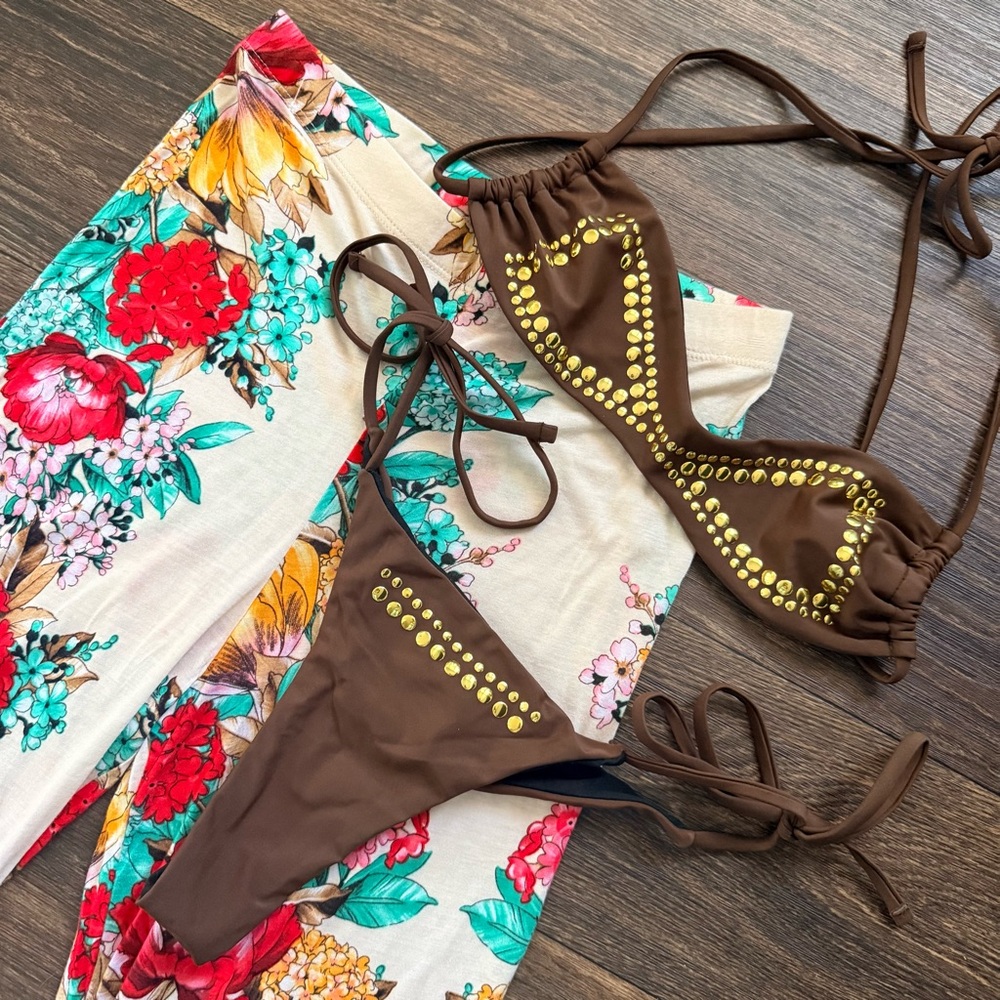 Brown Studded Bikini Set with Floral Bell Bottom Pants - Buy the Bundle🌟